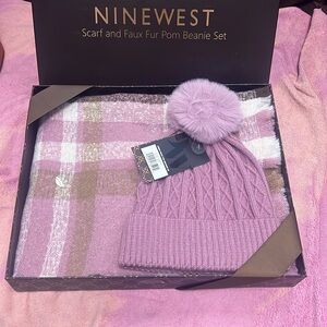 Nine West Mauve Pink Cable Knit Beanie with Faux Fur Pom & Plaid Scarf Set